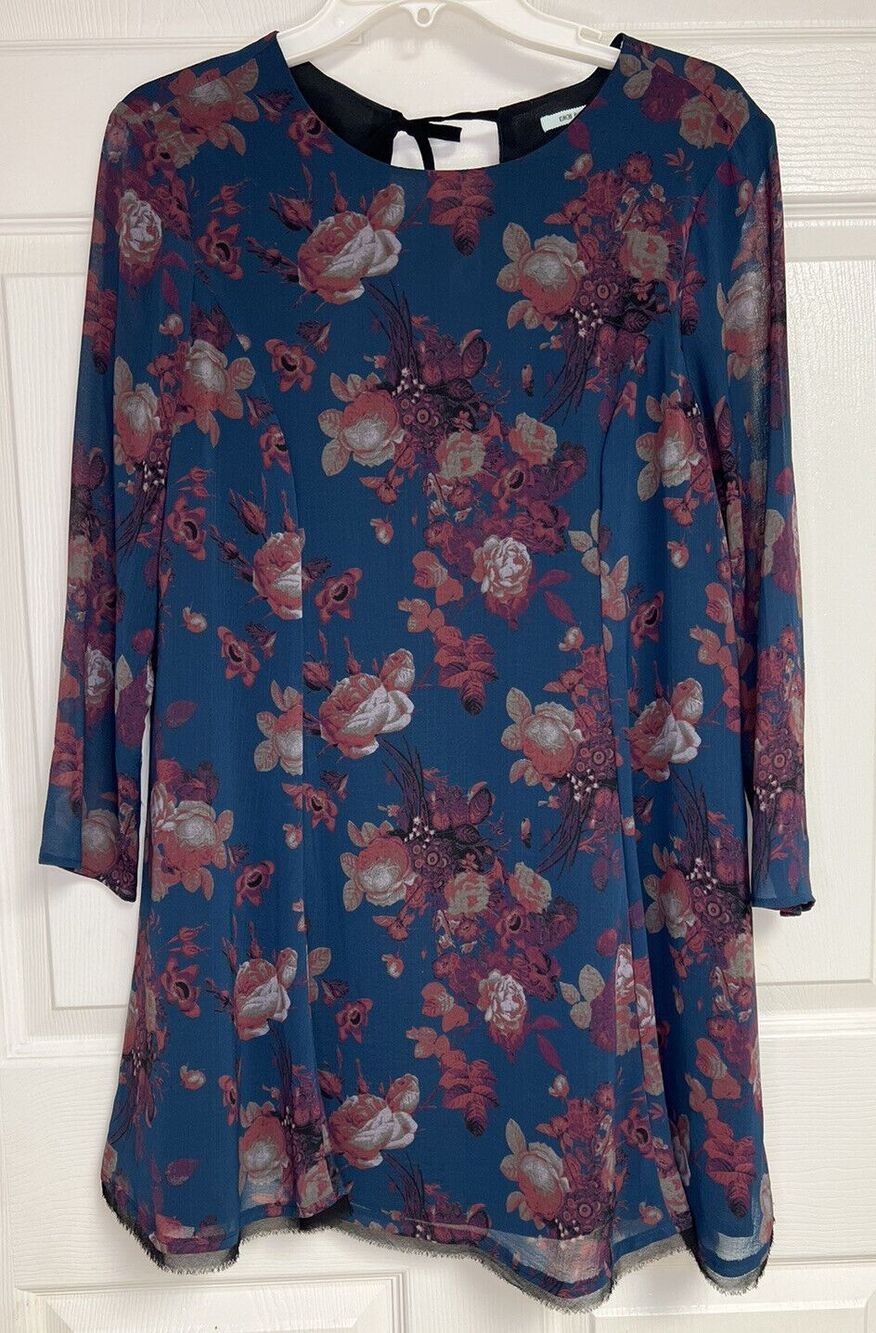 Kimchi Blue Women Dress Medium Blue Pink Floral A Line 3/4 Length Sleeve Lined